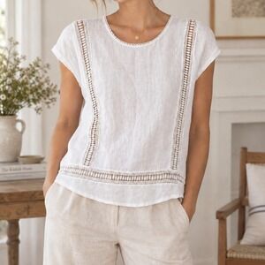Alessia Pacini Italy White Linen Crochet Lace Cap Sleeve Blouse Top Large